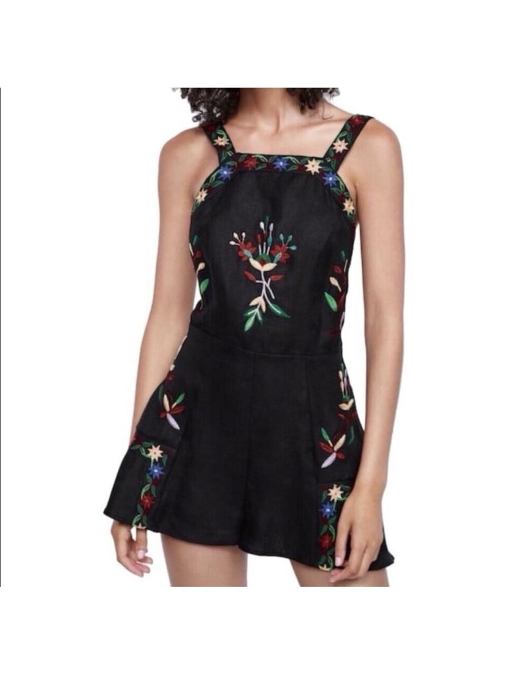 Zara Woman Floral Embroidered Black Linen Open Back Romper Size Small